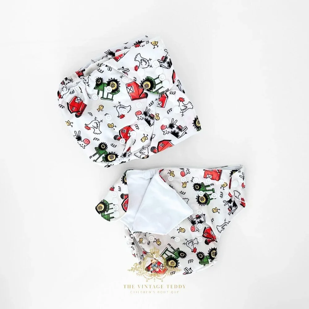 NWT Cute Baby Cloth Diapers Reusable Washable Little Farmer Farm Theme Set of 4
